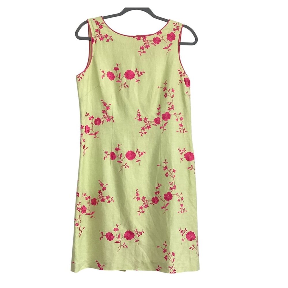 Coldwater Creek Sleeveless Floral Embroidered Dress Green & Pink Linen Blend Siz